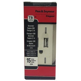 USB Charger, 2-Outlet, White, 15-Amp