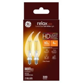 Relax HD Decorative LED Light Bulbs, Candelabra Base, Soft White, Clear, Dimmable, 300 Lumens, 4-Watts, 2-Pk.