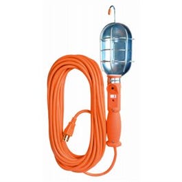 Trouble Work Light, Metal Guard & Outlet, 75-Watts, Orange, 50-Ft.
